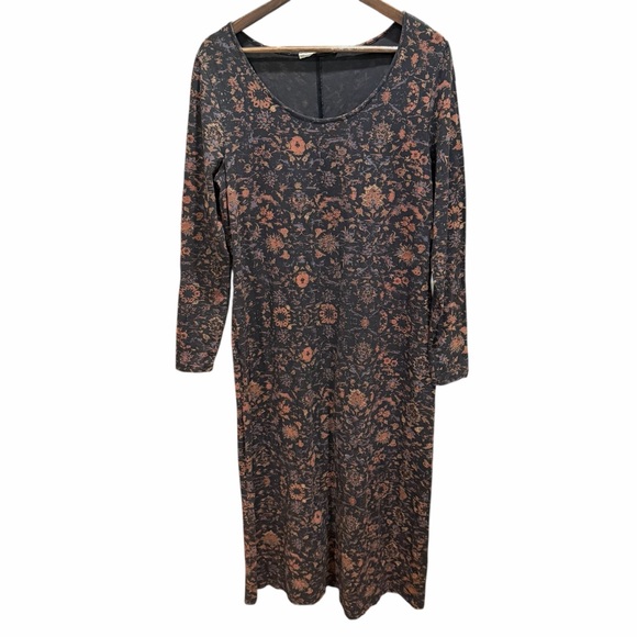 Peruvian Connection Cotton Spandex Maxi Dress Large Black Floral Long Sleeve - Picture 3 of 11